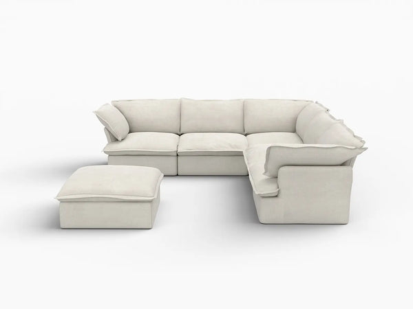 Deluxe Linen Cloud Sectional Sofas Covers | Beige Linen and Cotton Sofa Cover for 5-Seater with 1-Ottoman