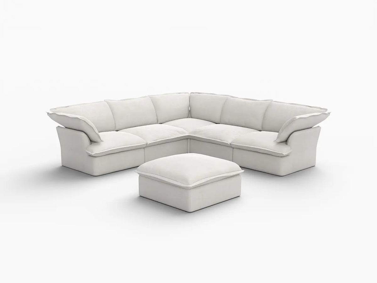 Deluxe Cloud White 5-Seater Sofa Set with Storage | 6-Piece (includes 1 ottoman), Linen and Cotton Fabric, Washable Covers