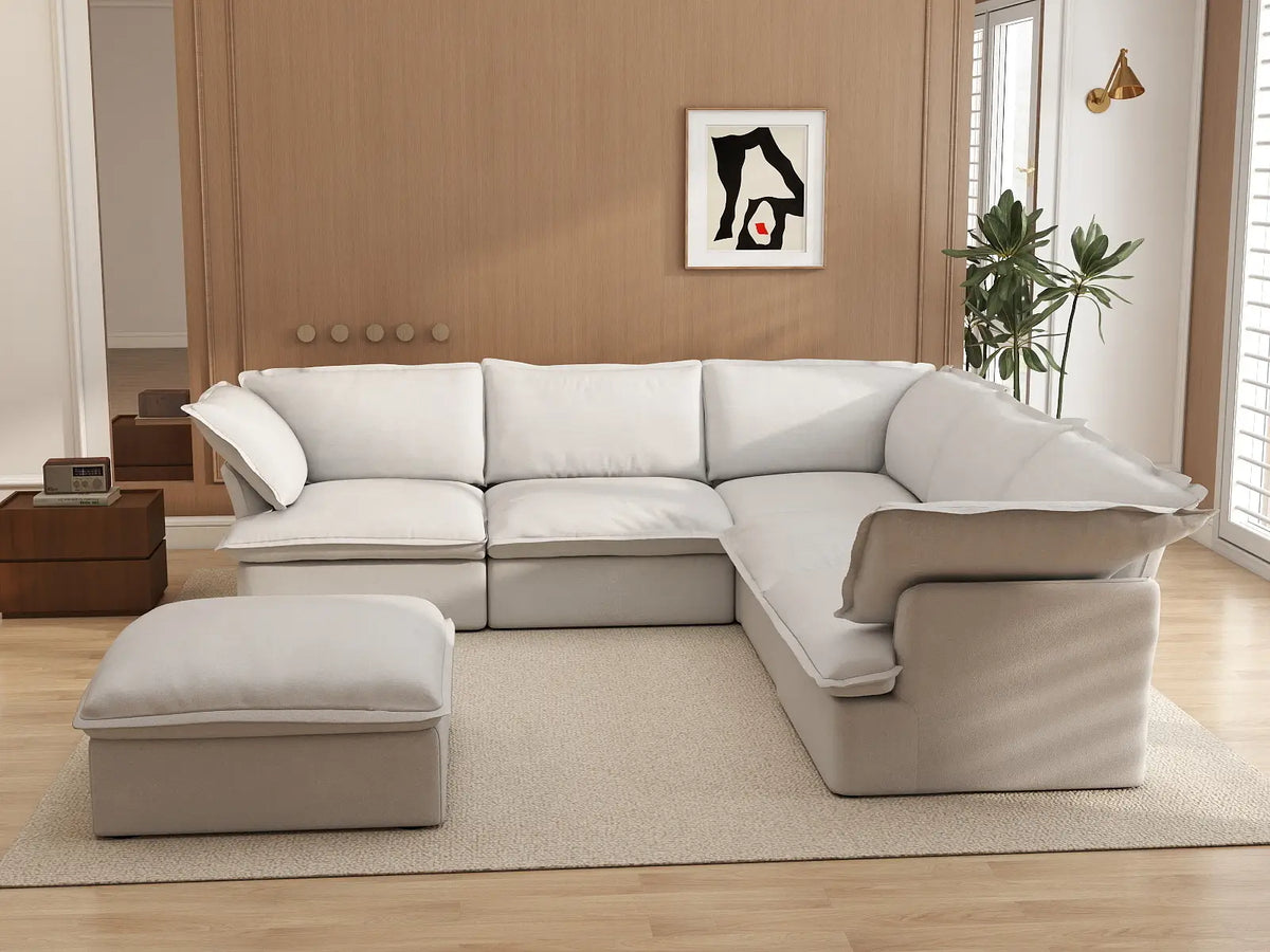Deluxe Cloud White 5-Seater Sofa Set with Storage | 6-Piece (includes 1 ottoman), Linen and Cotton Fabric, Washable Covers