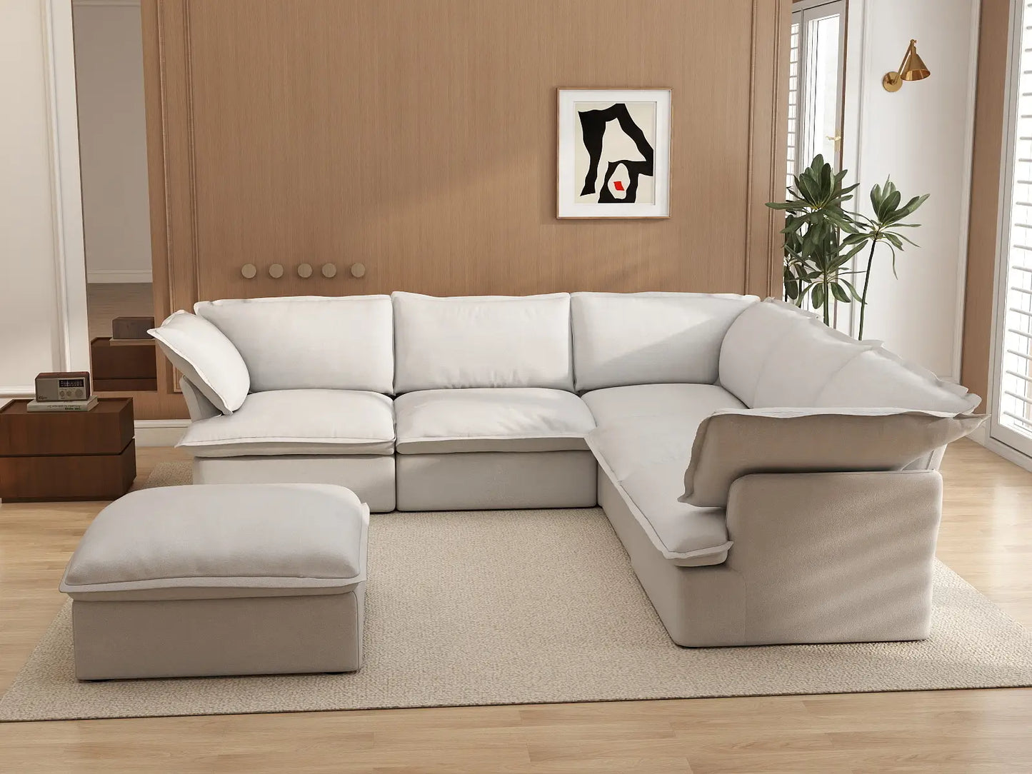 Deluxe Cloud White 5-Seater Sofa Set with Storage | 6-Piece (includes 1 ottoman), Linen and Cotton Fabric, Washable Covers