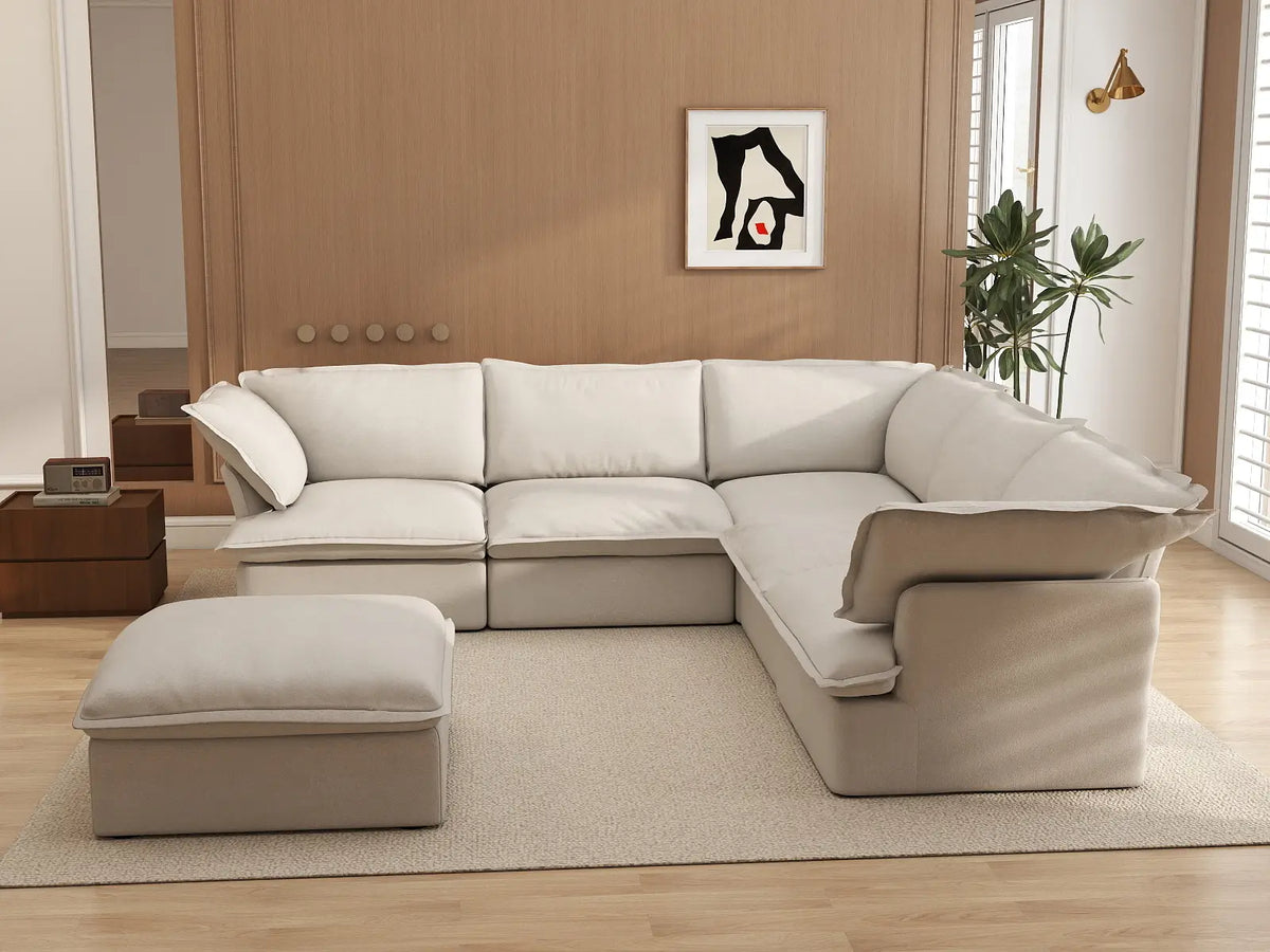Deluxe Cloud White 5-Seater Sofa Set with Storage | 6-Piece (includes 1 ottoman), Linen and Cotton Fabric, Washable Covers