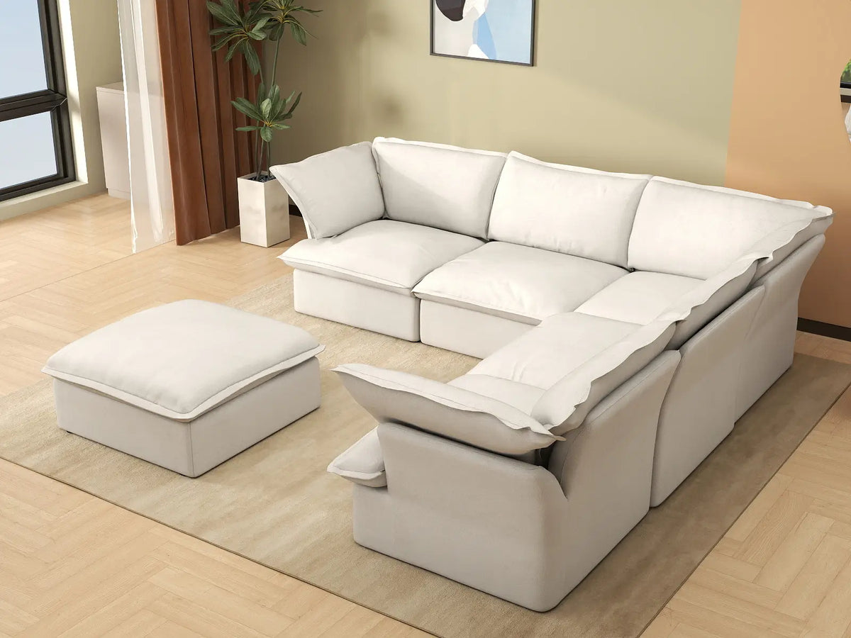 Deluxe Cloud White 5-Seater Sofa Set with Storage | 6-Piece (includes 1 ottoman), Linen and Cotton Fabric, Washable Covers