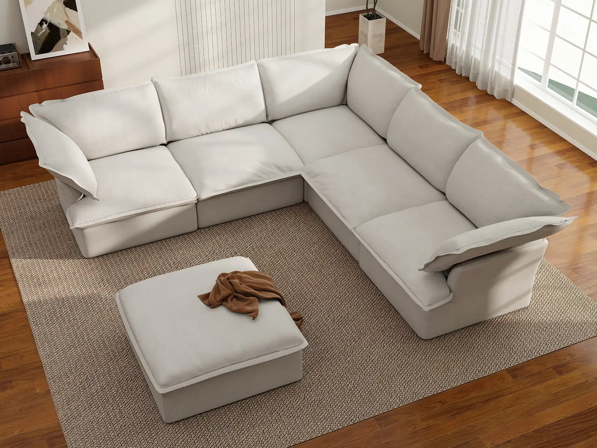 Deluxe Cloud White 5-Seater Sofa Set with Storage | 6-Piece (includes 1 ottoman), Linen and Cotton Fabric, Washable Covers