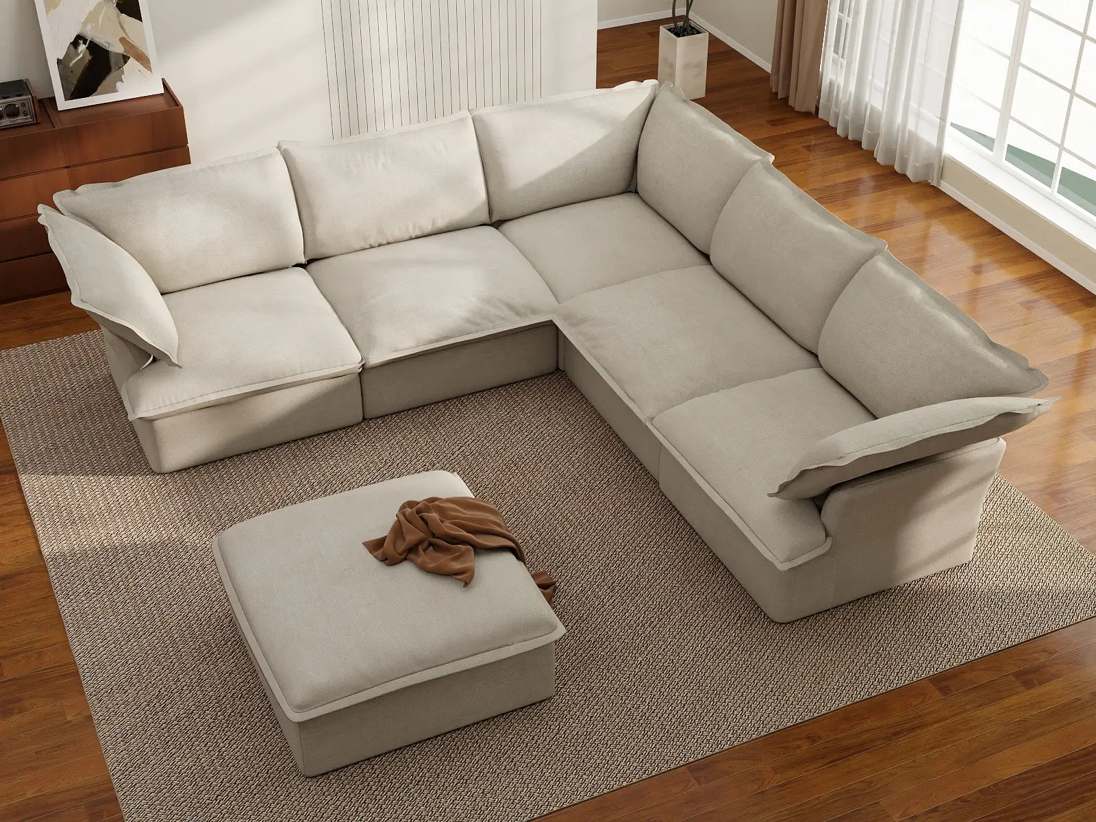 Deluxe Cloud White 5-Seater Sofa Set with Storage | 6-Piece (includes 1 ottoman), Linen and Cotton Fabric, Washable Covers