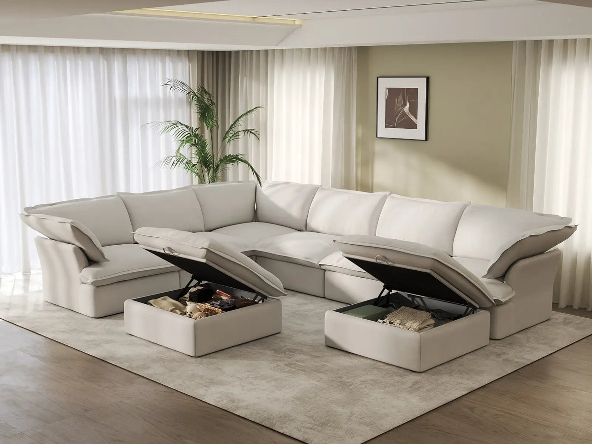 Deluxe Cloud White 6-Seater Sofa with Storage | 8-Piece (includes 2 ottomans), Linen and Cotton Fabric, Washable Covers