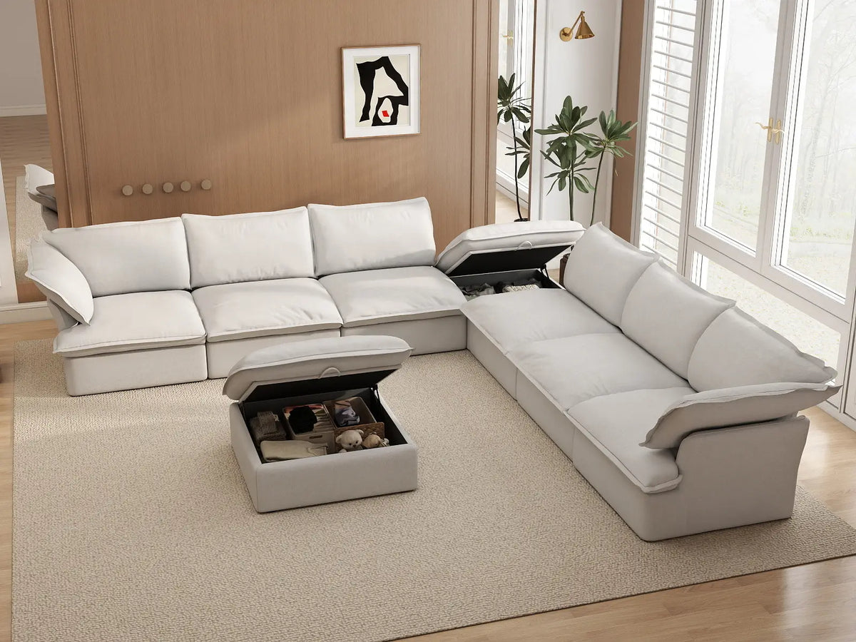 Deluxe Cloud White 6-Seater Sofa with Storage | 8-Piece (includes 2 ottomans), Linen and Cotton Fabric, Washable Covers