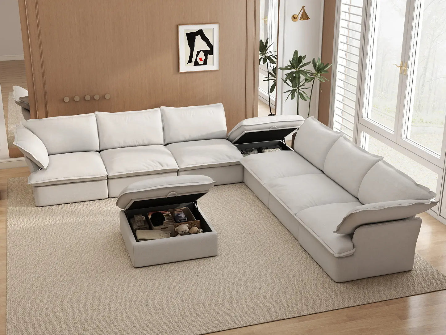 Deluxe Cloud White 6-Seater Sofa with Storage | 8-Piece (includes 2 ottomans), Linen and Cotton Fabric, Washable Covers
