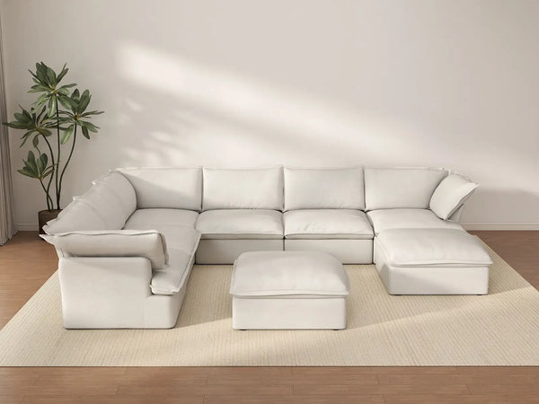 Sofá de lujo Cloud White de 6 plazas con almacenaje | 8 piezas (incluye 2 otomanas), tela de lino y algodón, fundas lavables