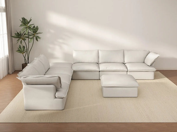 Deluxe Cloud White 6-Seater Sofa with Storage | 8-Piece (includes 2 ottomans), Linen and Cotton Fabric, Washable Covers