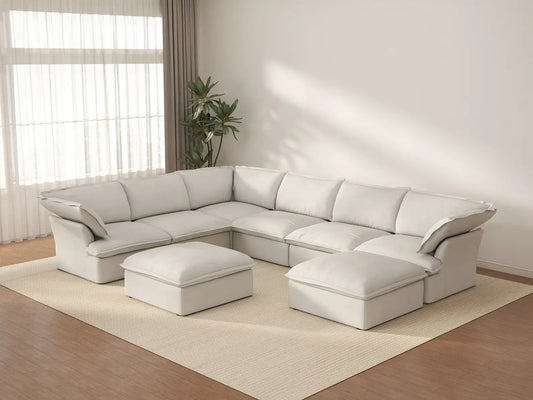 Deluxe Cloud White 6-Seater Sofa with Storage | 8-Piece (includes 2 ottomans), Linen and Cotton Fabric, Washable Covers