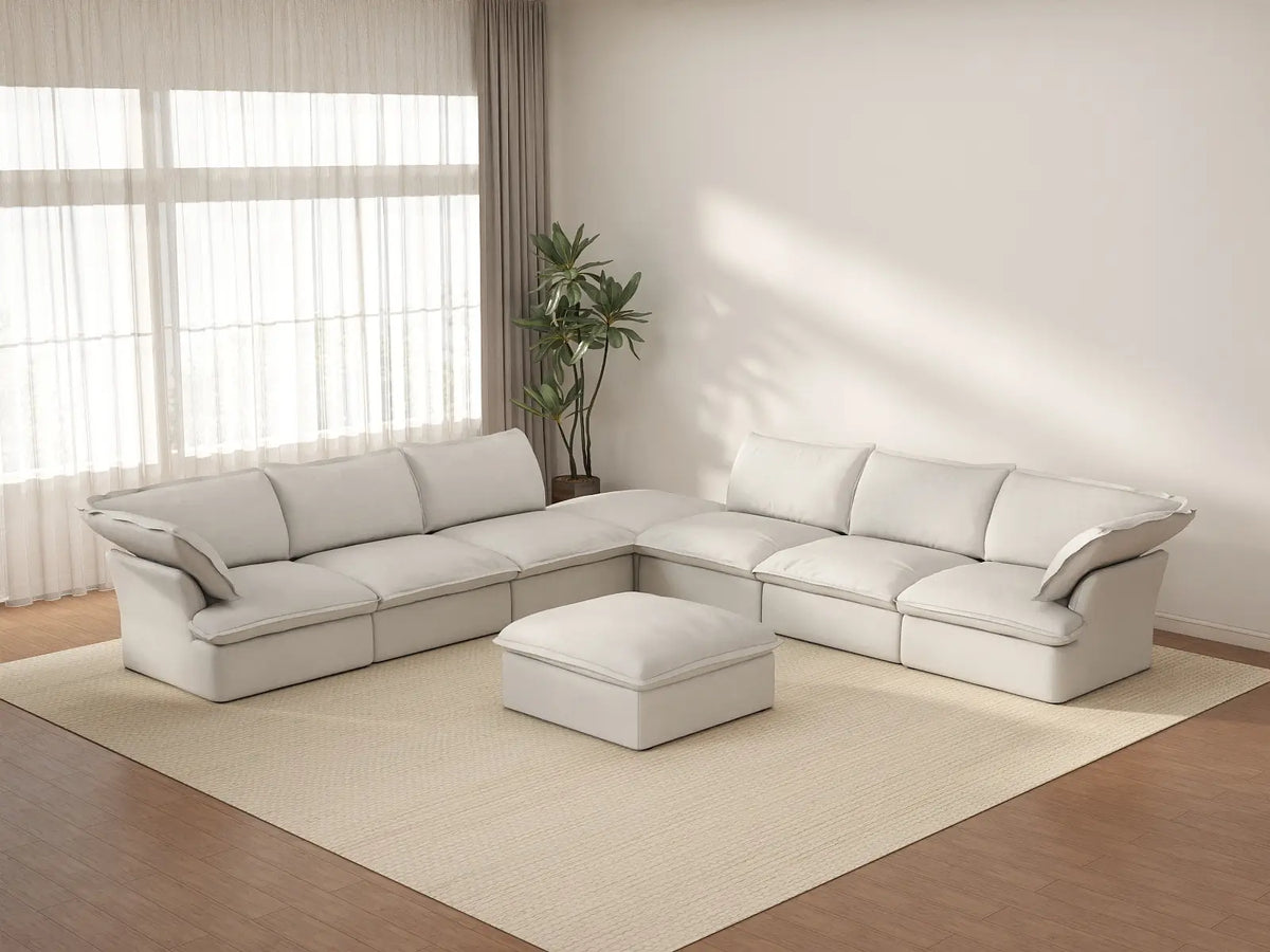Deluxe Cloud White 6-Seater Sofa with Storage | 8-Piece (includes 2 ottomans), Linen and Cotton Fabric, Washable Covers