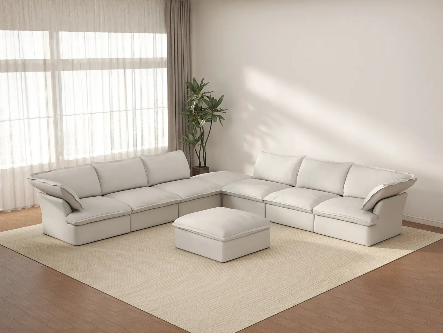 Deluxe Cloud White 6-Seater Sofa with Storage | 8-Piece (includes 2 ottomans), Linen and Cotton Fabric, Washable Covers