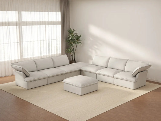 Deluxe Cloud White 6-Seater Sofa with Storage | 8-Piece (includes 2 ottomans), Linen and Cotton Fabric, Washable Covers