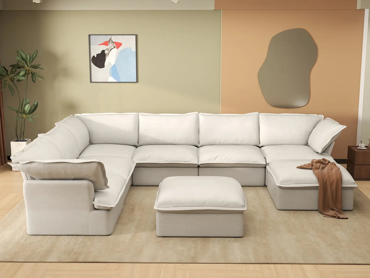 Deluxe Cloud White 6-Seater Sofa with Storage | 8-Piece (includes 2 ottomans), Linen and Cotton Fabric, Washable Covers