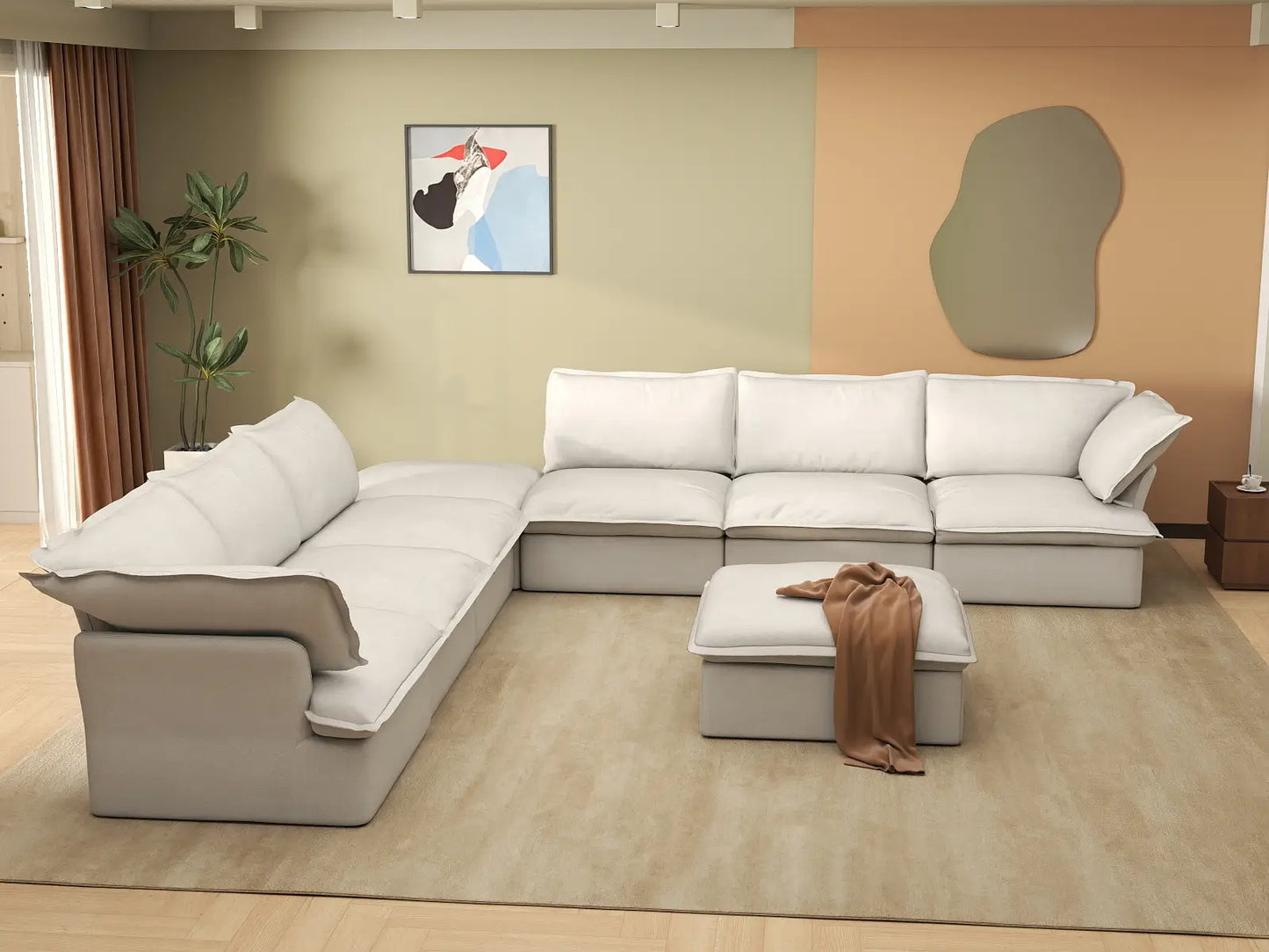Deluxe Cloud White 6-Seater Sofa with Storage | 8-Piece (includes 2 ottomans), Linen and Cotton Fabric, Washable Covers