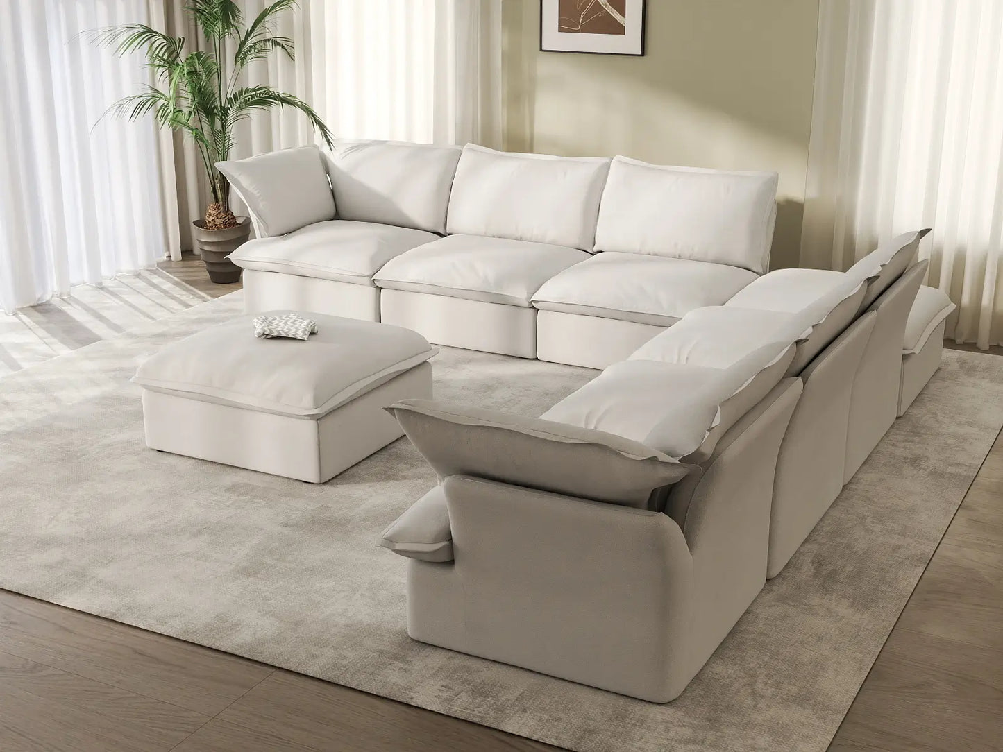 Deluxe Linen Cloud Sectional Sofas Covers | White Linen and Cotton Sofa Cover for 6-Seater with 2-Ottoman