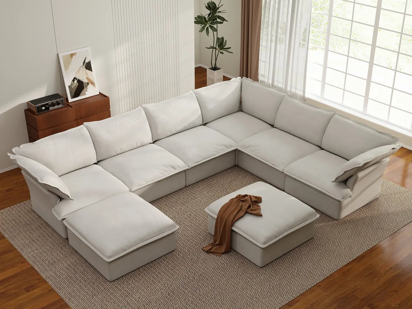 Fundas para sofás seccionales de lino de lujo | Funda de sofá de lino y algodón blanco para 6 asientos con 2 otomanas