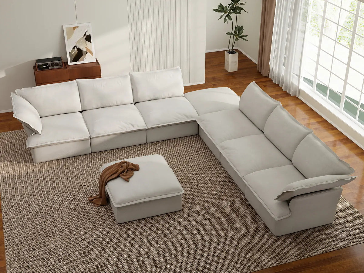 Deluxe Linen Cloud Sectional Sofas Covers | White Linen and Cotton Sofa Cover for 6-Seater with 2-Ottoman