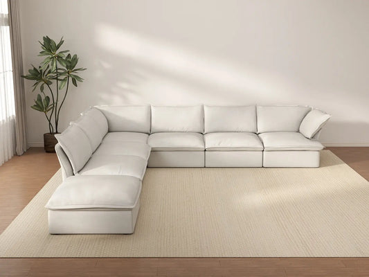 Deluxe Cloud White 6-Seater V-Shaped Sectional with Storage | 7-Piece (includes 1 ottoman), Linen and Cotton Fabric, Washable Covers