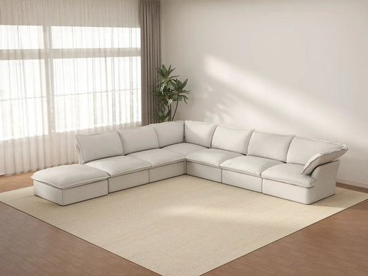 Deluxe Cloud White 6-Seater V-Shaped Sectional with Storage | 7-Piece (includes 1 ottoman), Linen and Cotton Fabric, Washable Covers