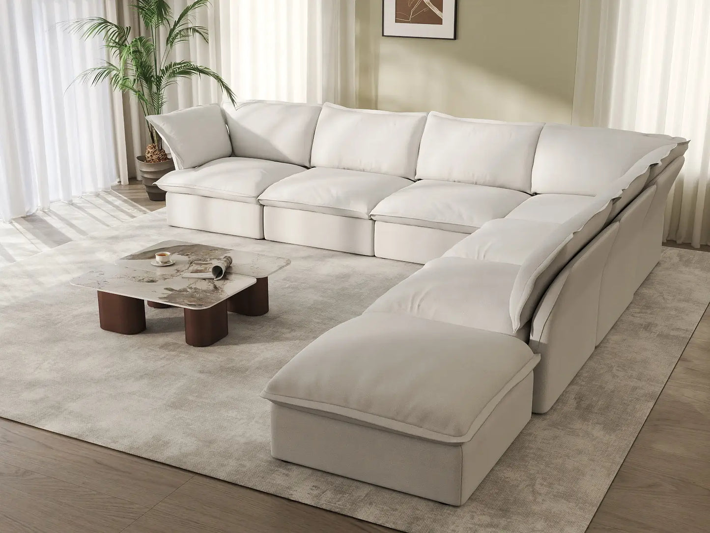 Fundas de sofá seccional Deluxe Linen Cloud | Funda de sofá de lino y algodón blanco para 6 plazas con 1 otomana