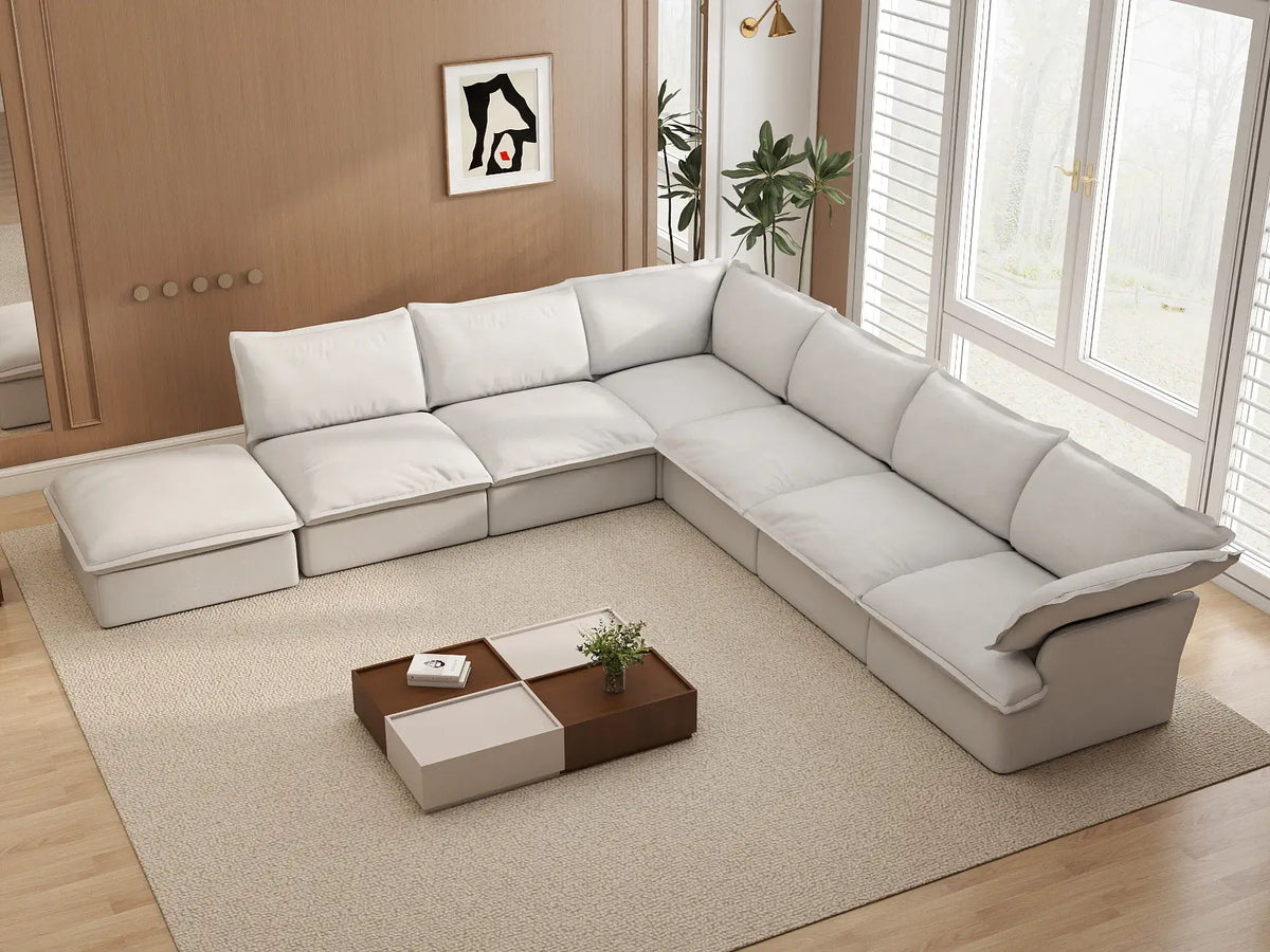 Fundas de sofá seccional Deluxe Linen Cloud | Funda de sofá de lino y algodón blanco para 6 plazas con 1 otomana