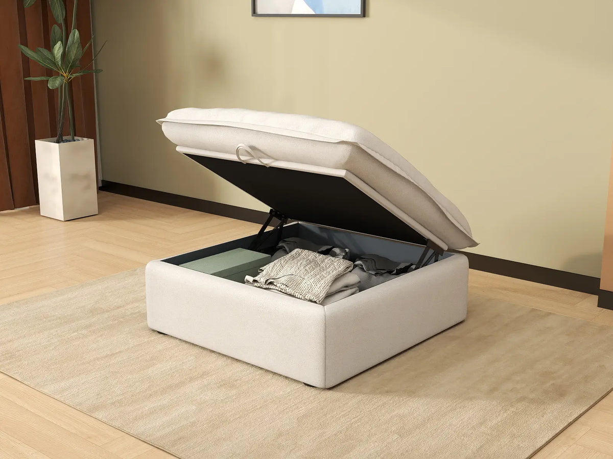 Deluxe Cloud White Storage Ottoman | 1-Piece, Linen and Cotton Fabric, Washable Covers