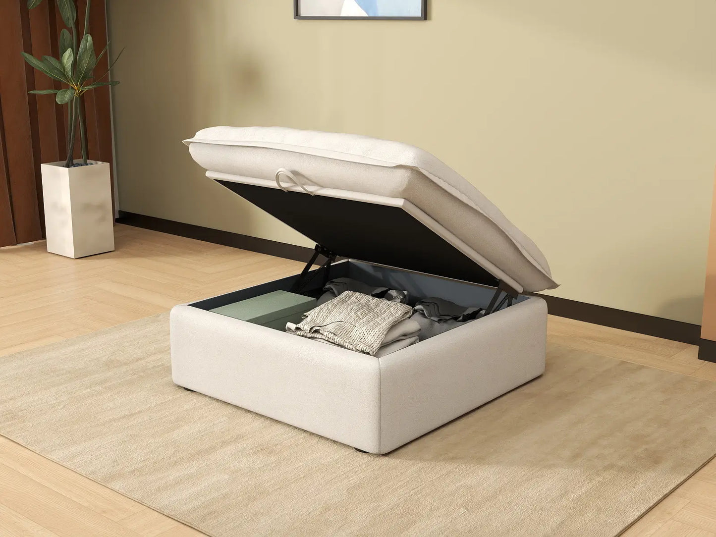 Deluxe Cloud White Storage Ottoman | 1-Piece, Linen and Cotton Fabric, Washable Covers