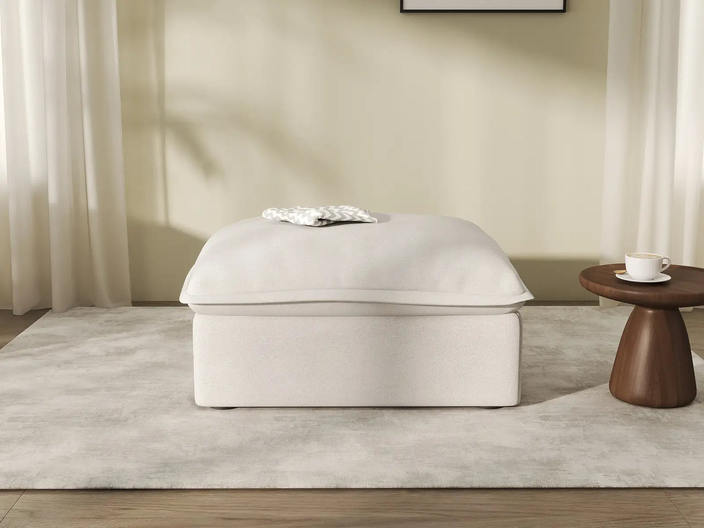 Deluxe Cloud White Storage Ottoman | 1-Piece, Linen and Cotton Fabric, Washable Covers