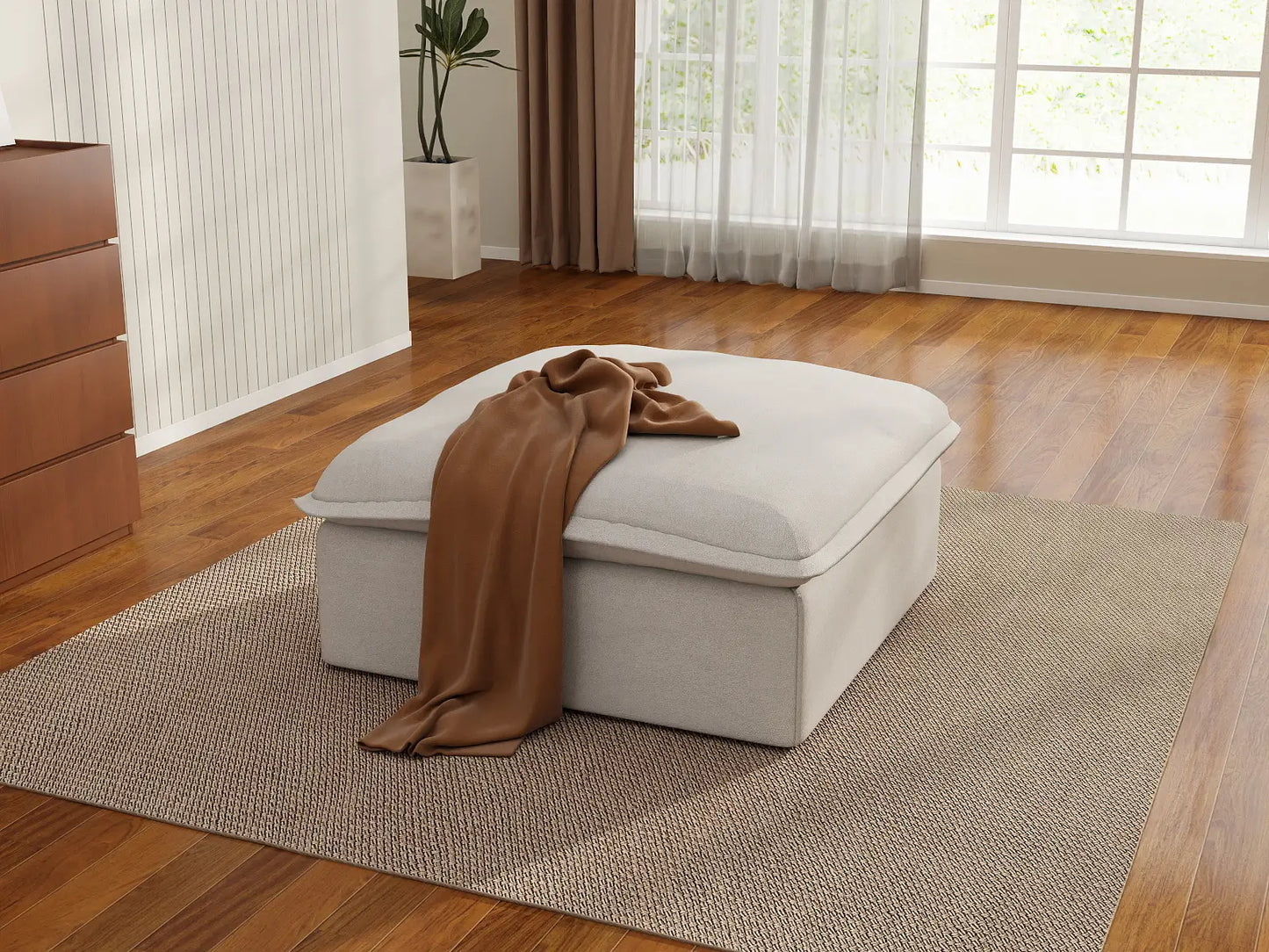 Deluxe Cloud White Storage Ottoman | 1-Piece, Linen and Cotton Fabric, Washable Covers