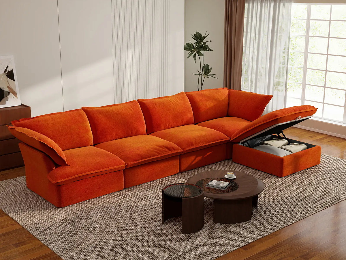 Sofá modular Deluxe Cloud de 4 plazas en forma de L | 5 piezas (incluye 1 otomana), tela de terciopelo, otomana de almacenamiento