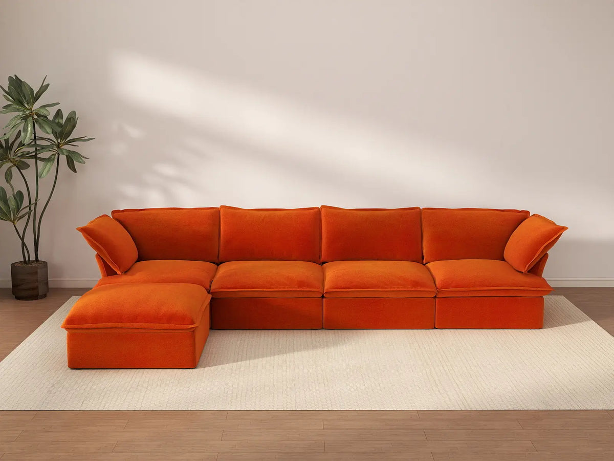 Sofá modular Deluxe Cloud de 4 plazas en forma de L | 5 piezas (incluye 1 otomana), tela de terciopelo, otomana de almacenamiento