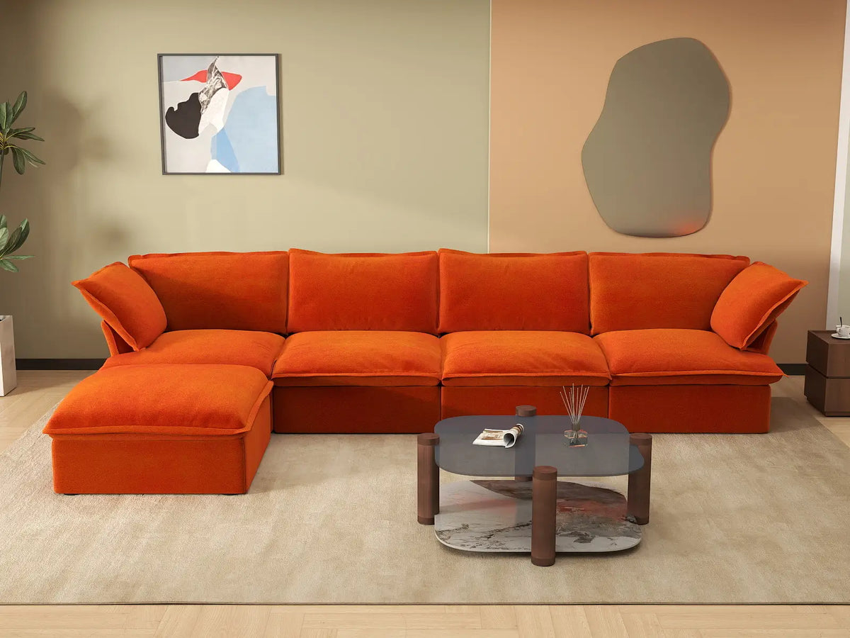 Sofá modular Deluxe Cloud de 4 plazas en forma de L | 5 piezas (incluye 1 otomana), tela de terciopelo, otomana de almacenamiento