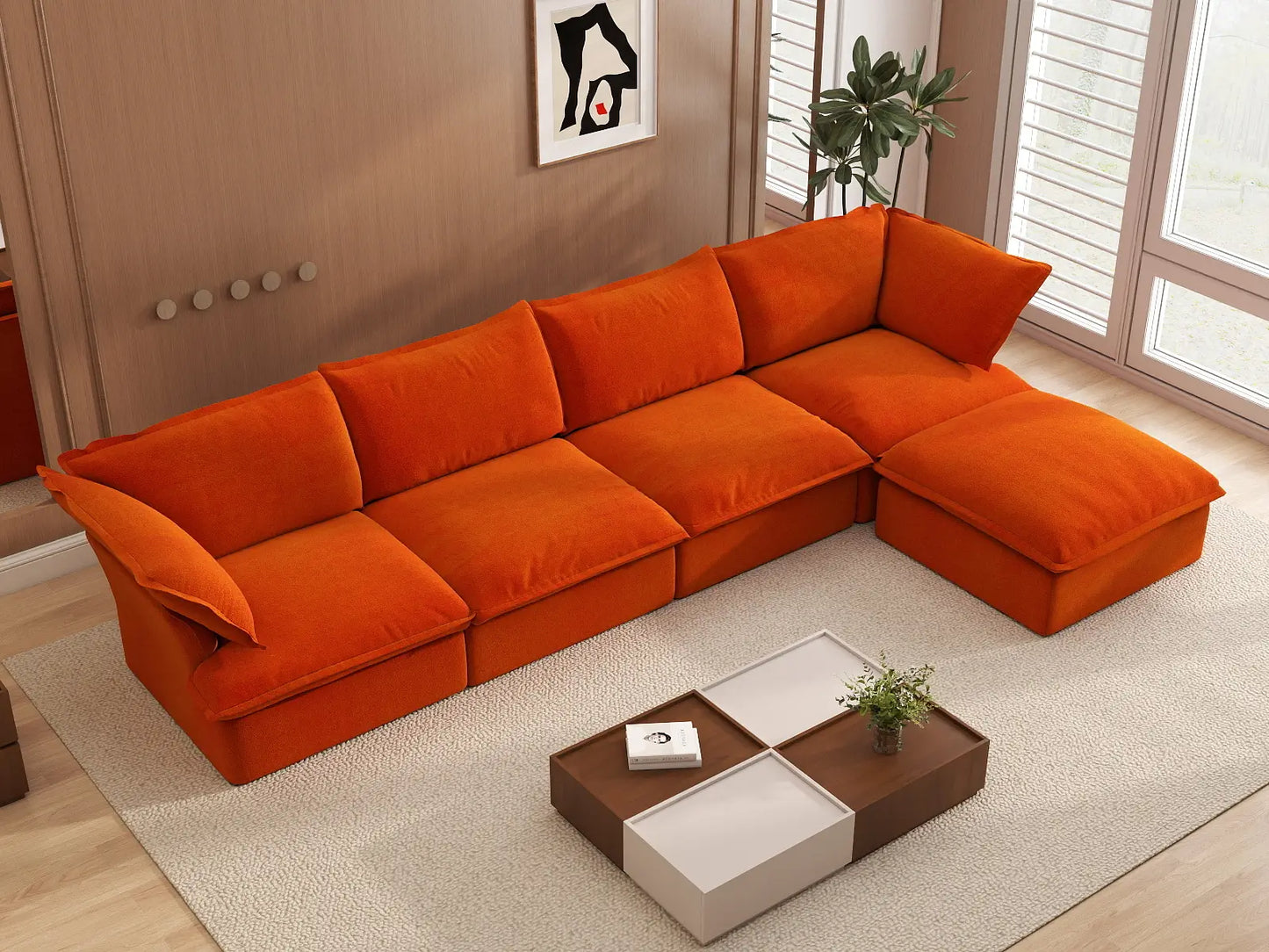 Sofá modular Deluxe Cloud de 4 plazas en forma de L | 5 piezas (incluye 1 otomana), tela de terciopelo, otomana de almacenamiento