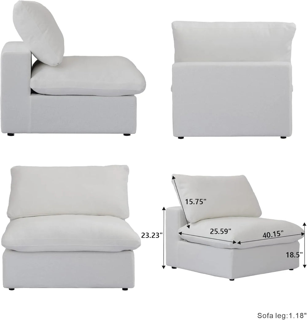 Deluxe Premium Cloud Sectional Sofas | White Cotton and Linen Armless Single Sofa 1-seater