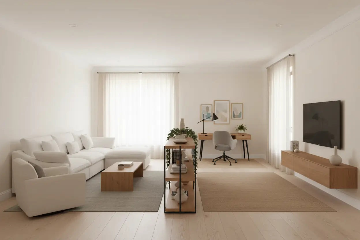 Dual Zone Design to Divide Long Rectangle Living Areas