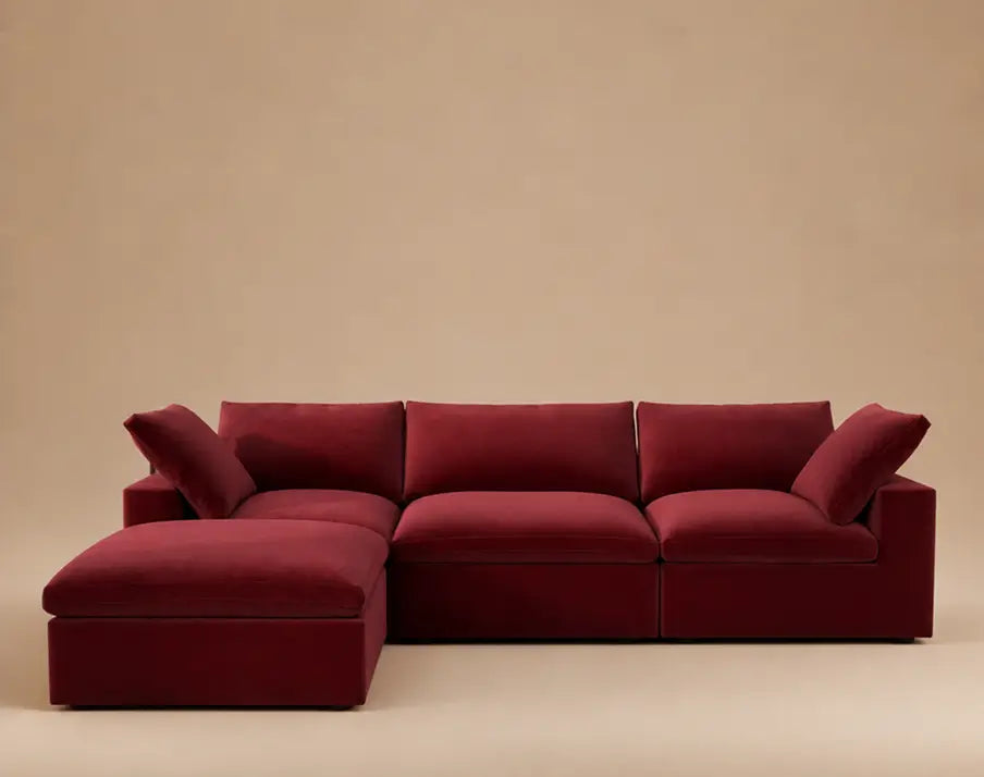 Deluxe Cloud 3-Seater Sofa Set in Claret Velvet | 4-Piece (Includes 1 Ottoman), Easy To Clean, Contemporary Style