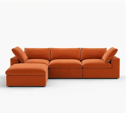 Deluxe Cloud 3-Seater Orange U-Shaped Sectional | 5-Piece (Includes 2 Ottomans), Velvet Fabric, Family Room Seating, Washable Cushion Covers