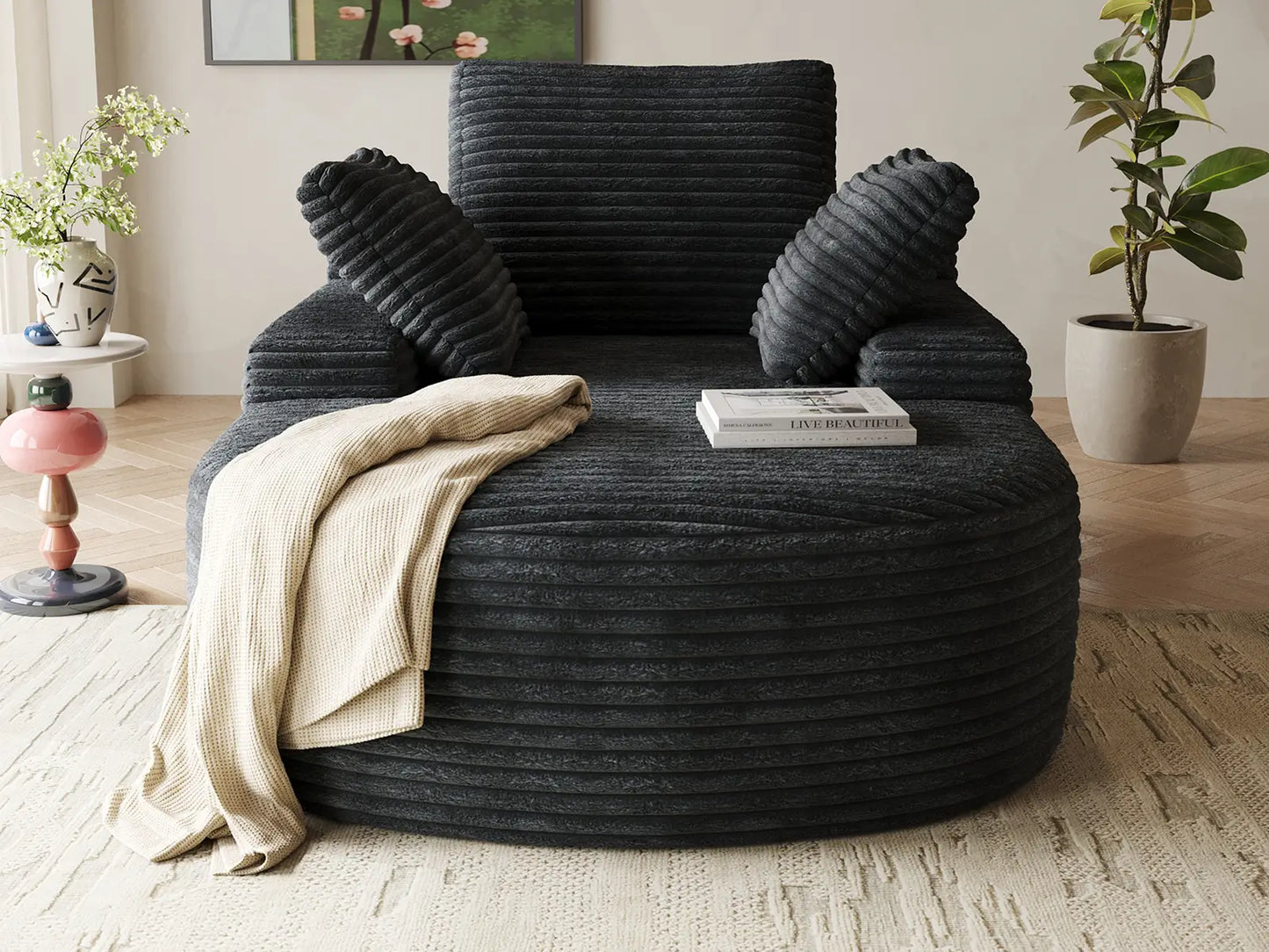 Essential 1-Seater Black Small Space Single Sofa | 1-Piece, Corduroy Fabric, Chaise-Style Comfort, Compact Design