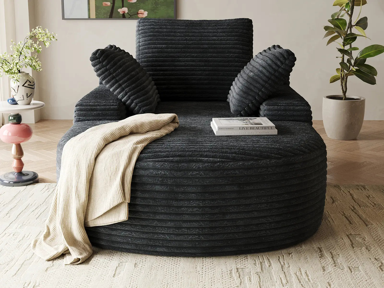 Essential 1-Seater Black Small Space Single Sofa | 1-Piece, Corduroy Fabric, Chaise-Style Comfort, Compact Design