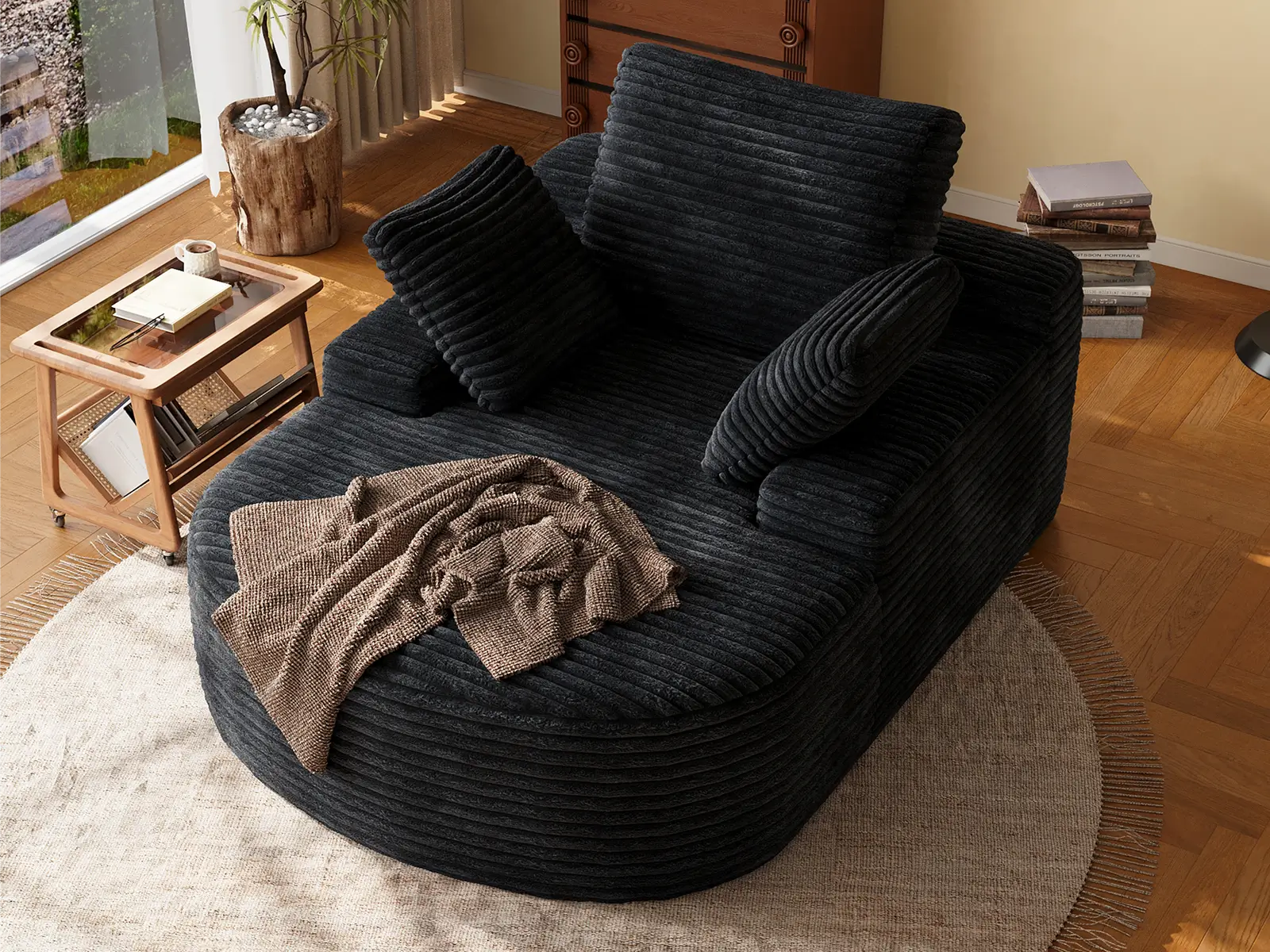 Essential 1-Seater Black Small Space Single Sofa | 1-Piece, Corduroy Fabric, Chaise-Style Comfort, Compact Design