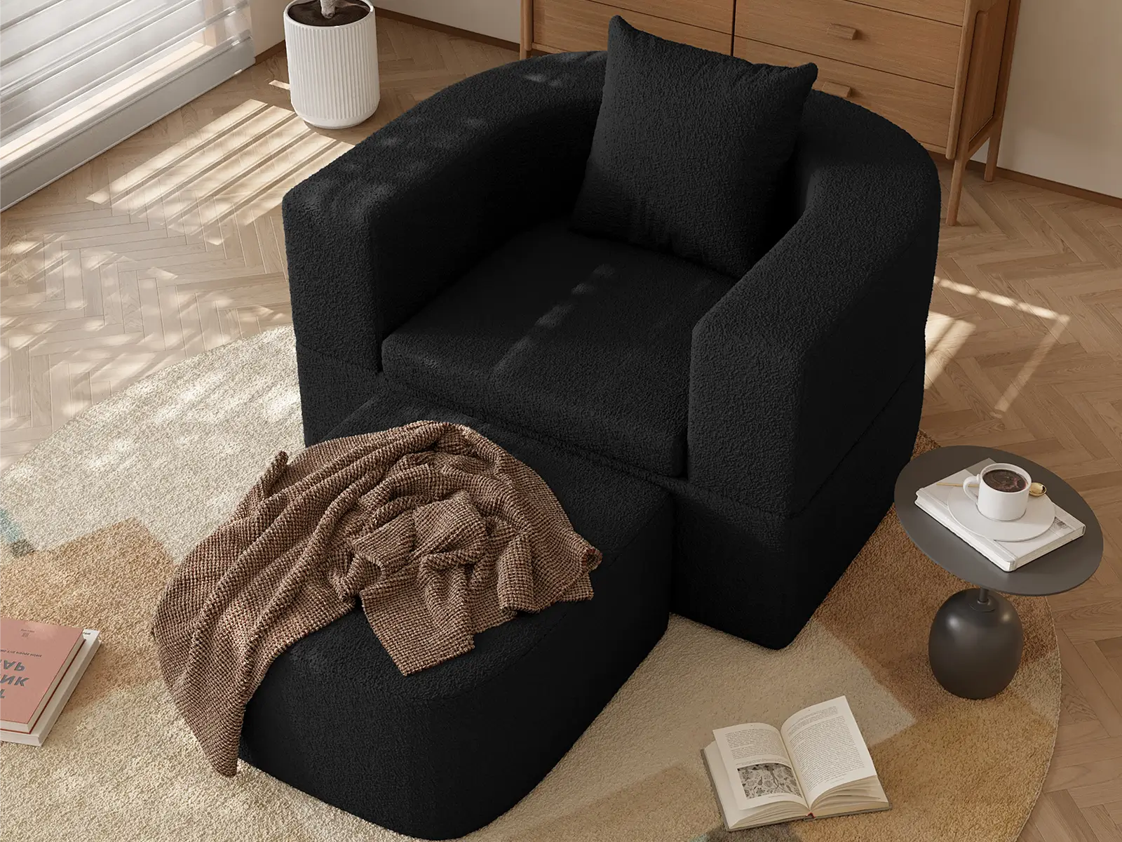 Essential 1-Seater Black Small Space Single Sofa | Teddy Velvet Fabric, Includes Ottoman, Convertible Sleeper Design