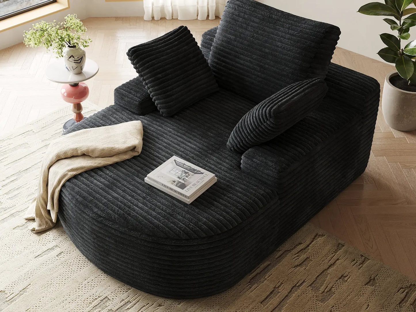 Essential 1-Seater Black Small Space Single Sofa | 1-Piece, Corduroy Fabric, Chaise-Style Comfort, Compact Design