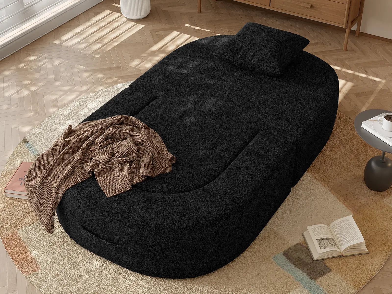 Essential 1-Seater Black Small Space Single Sofa | Teddy Velvet Fabric, Includes Ottoman, Convertible Sleeper Design