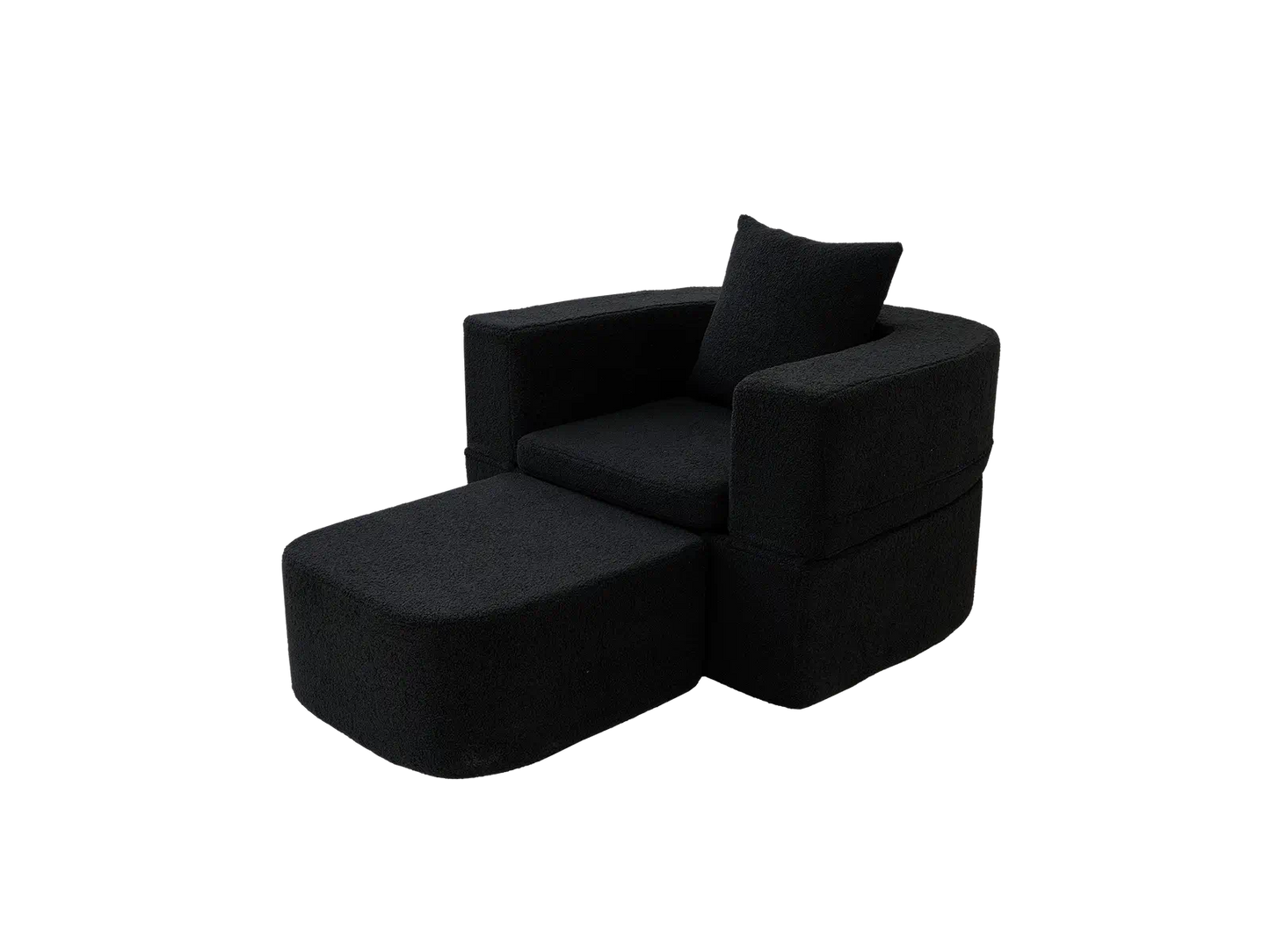Essential 1-Seater Black Small Space Single Sofa | Teddy Velvet Fabric, Includes Ottoman, Convertible Sleeper Design