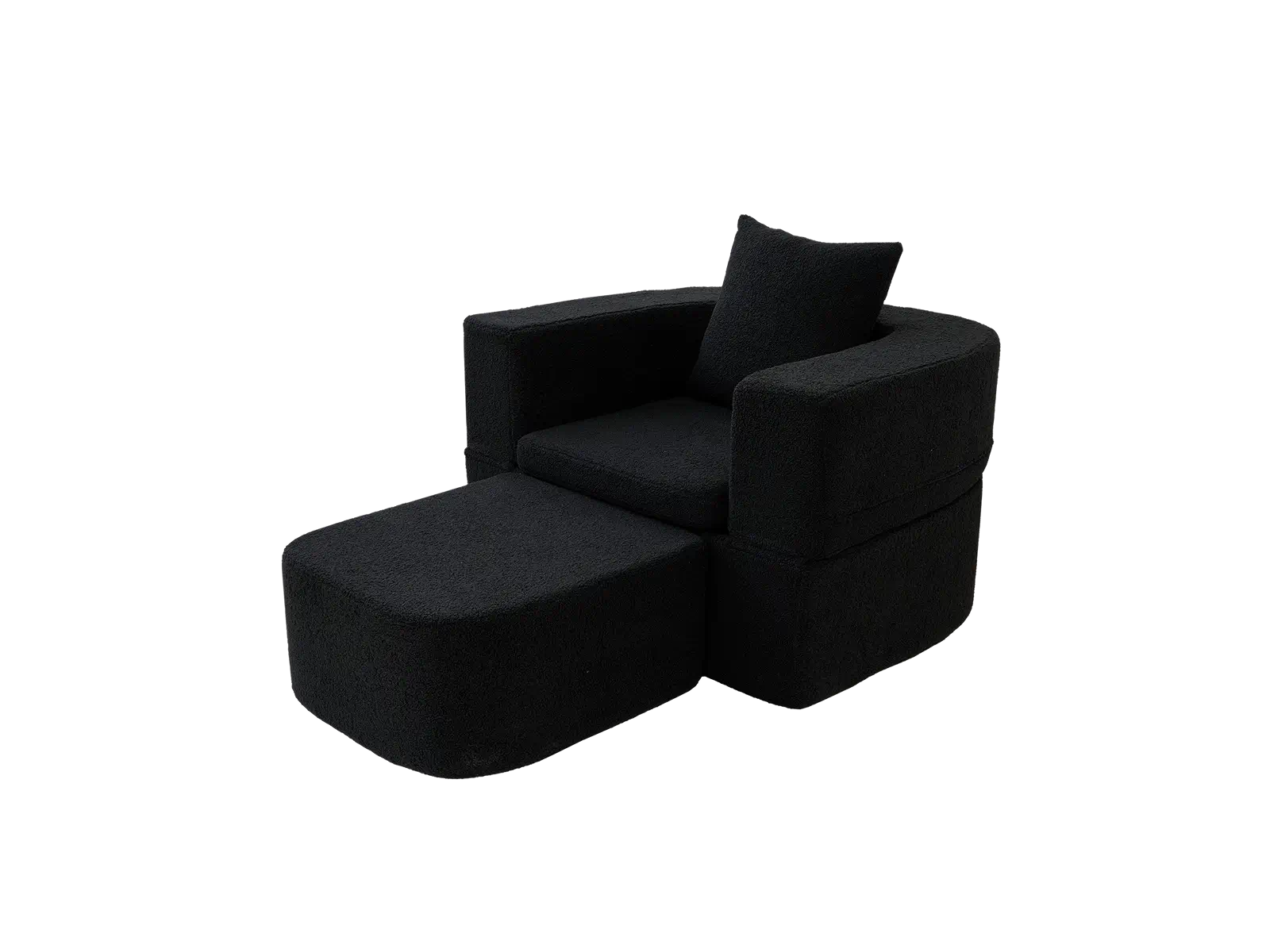 Essential 1-Seater Black Small Space Single Sofa | Teddy Velvet Fabric, Includes Ottoman, Convertible Sleeper Design