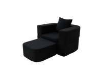 Essential 1-Seater Black Small Space Single Sofa | Teddy Velvet Fabric, Includes Ottoman, Convertible Sleeper Design