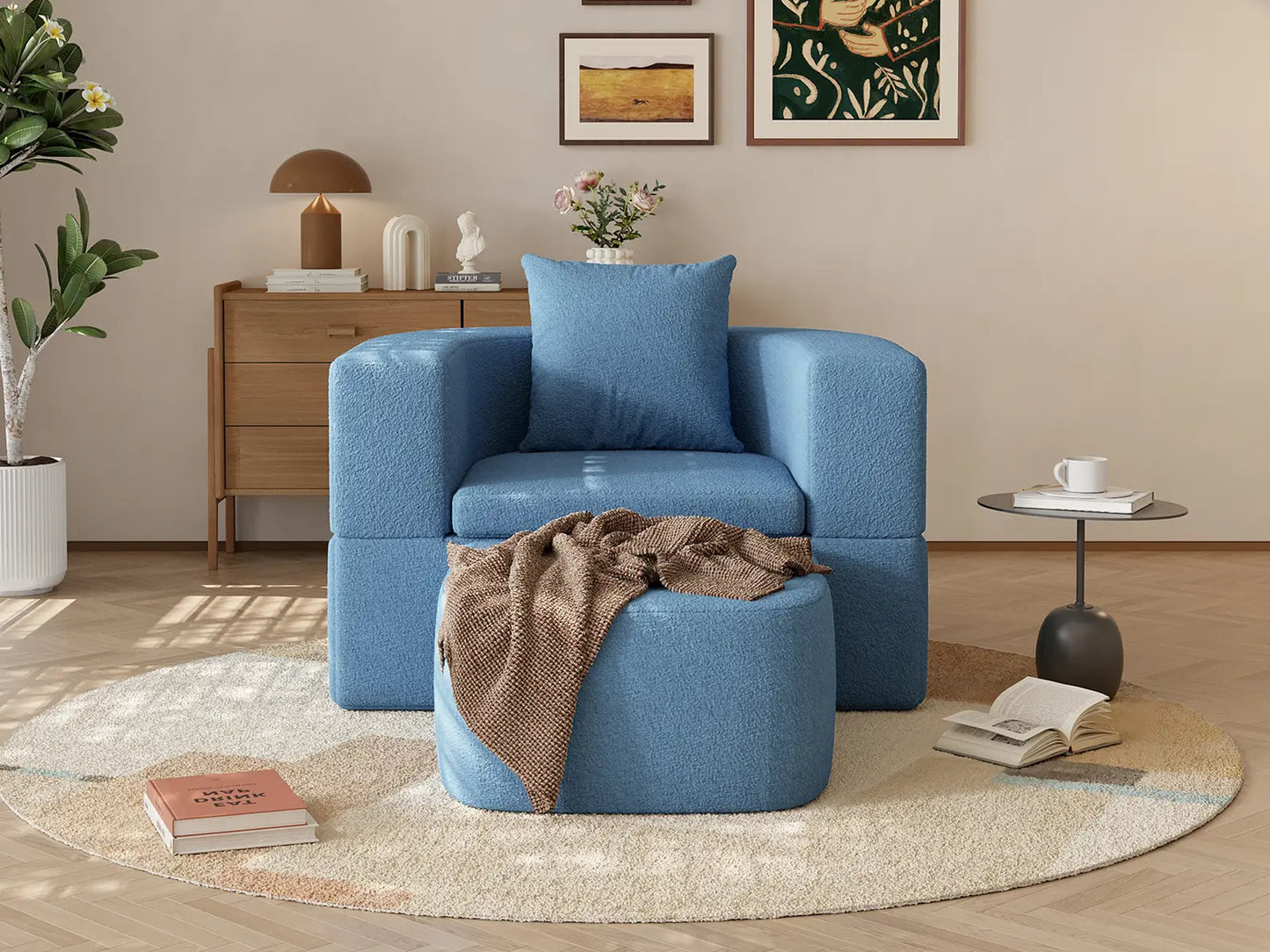 Essential 1-Seater Blue Small Space Single Sofa | Teddy Velvet Fabric, Includes Ottoman, Convertible Sleeper Design