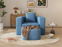 Essential 1-Seater Blue Small Space Single Sofa | Teddy Velvet Fabric, Includes Ottoman, Convertible Sleeper Design