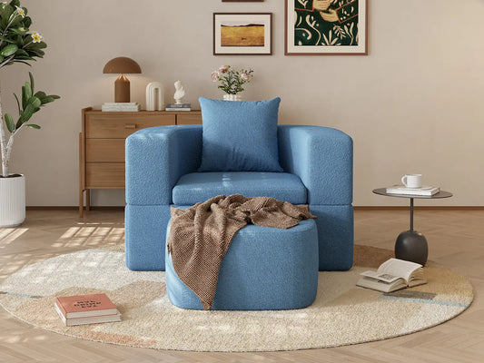 Essential 1-Seater Blue Small Space Single Sofa | Teddy Velvet Fabric, Includes Ottoman, Convertible Sleeper Design